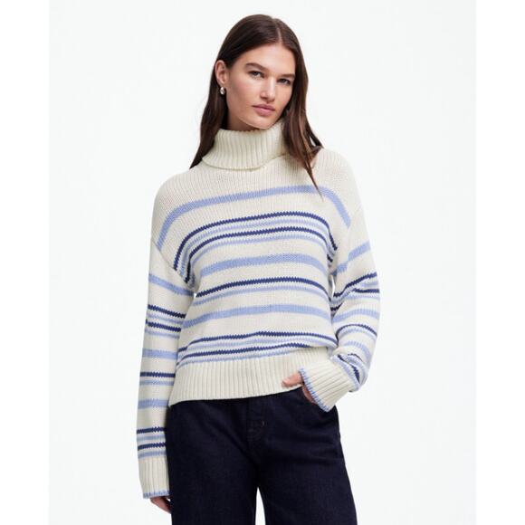 Madewell Ribbed Cotton Turtleneck Sweater WMNS S White Blue Stripes Relaxed Fit - Picture 1 of 8